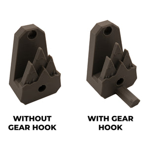 Two gray plastic mounts, one without a gear hook and one with a gear hook, on a white background.