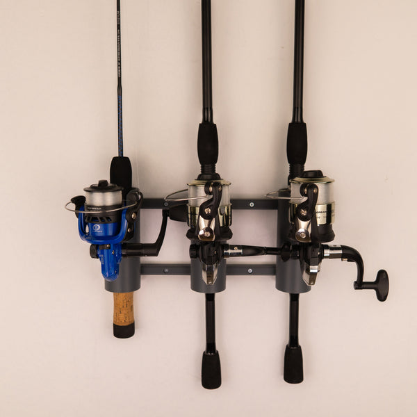 The Vertical Fishing Rod Holder: Triple by Pesca Innovations can store any three fully assembled fishing rods. 